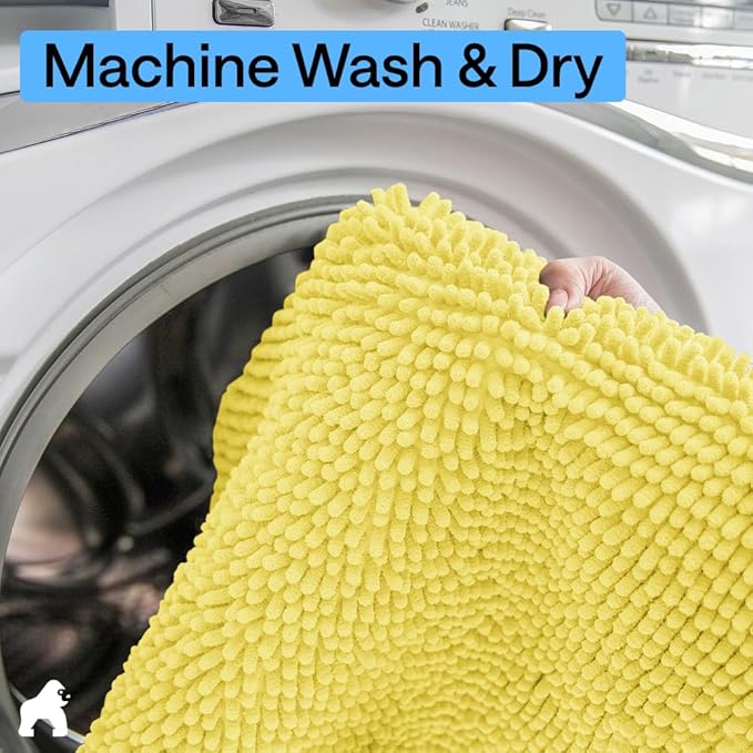 GORILLA GRIP Plush Absorbent Shaggy Chenille Bath Rug Mat for Oval Toilet Base with Rubber Backing, Machine Washable Rugs, Soft Microfiber Contour Mats for Toilets, Bathroom Decor, Yellow