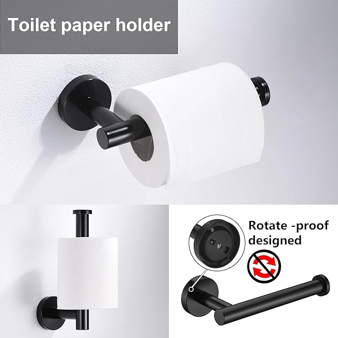 5 Pieces Matte Black Bathroom Hardware Accessories Set Hand Towel Ring 16 inch Towel Bar Toilet Paper Holder Towel Hooks 2 Pieces Round SUS 304 Stainless Steel Heavy Duty Wall Mounted Bathroom Holder