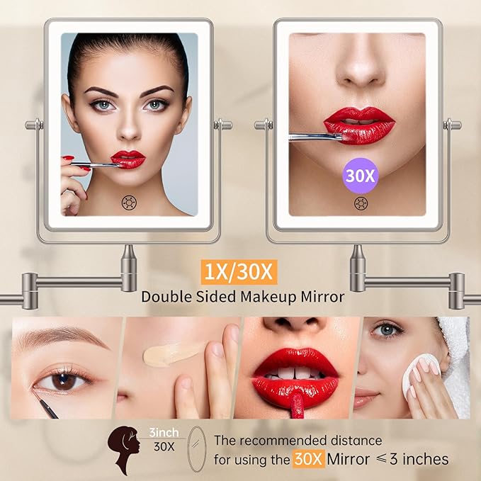 FUNTOUCH 5000mAh Rechargeable Wall Mounted Makeup Mirror with Lights, 8.7" Double Sided 1X/30X Magnifying Mirror with Dimmable 3 Color Light, Extended Swing Arm 360° Wall Mount Bathroom Vanity Mirror