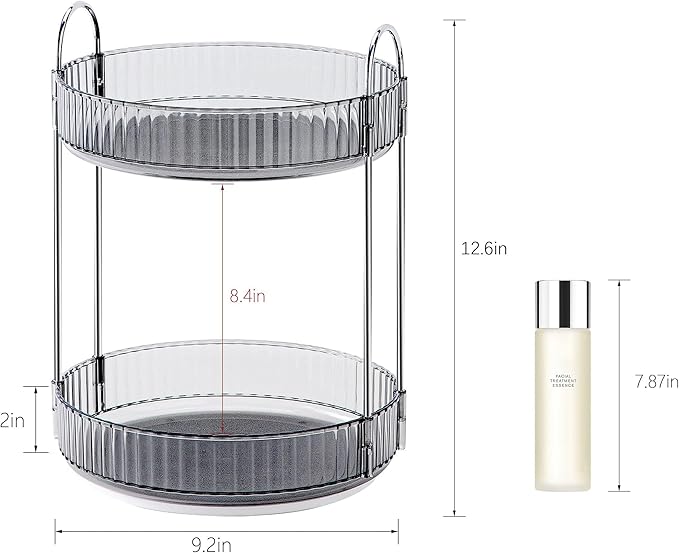 INVSSENE 360° Rotating Makeup Organizer, Bathroom Make Up Spinning Holder Rack, Large Capacity Cosmetics Storage Vanity Shelf Countertop, Fits Cosmetics, Perfume, Skincare, Lipsticks(2 Tiers, Gray)