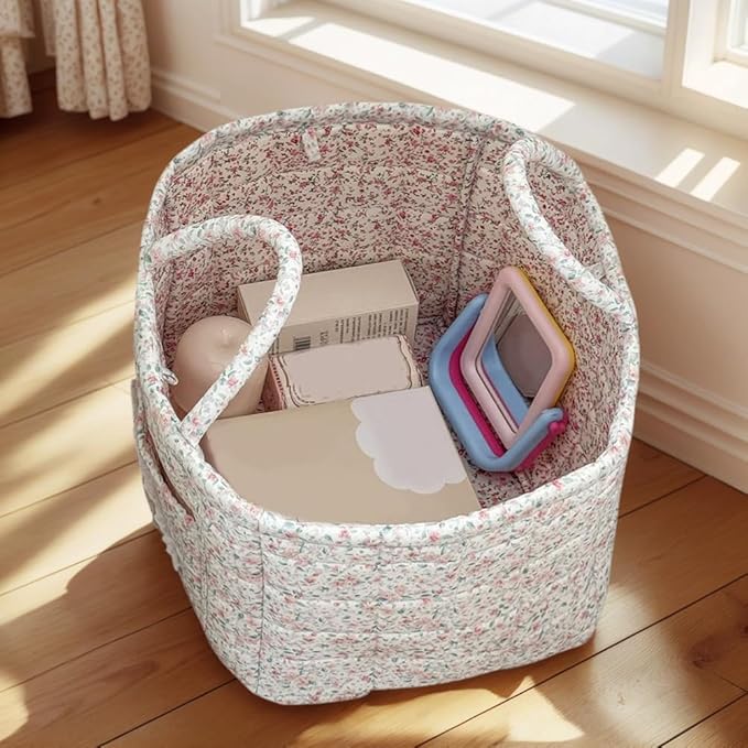 Quilted Fabric Storage Basket Boho Floral Laundry Baskets with Handles Collapsible Quilted Soft Basket for Car, Clothes, Toys Storage