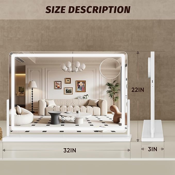Vanity Mirror with Lights, 33"x23" Hollywood Lighted Makeup Mirror for Tabletop & Bedroom 3 Color Lighting Modes Smart Touch Control 360° Rotation Detachable