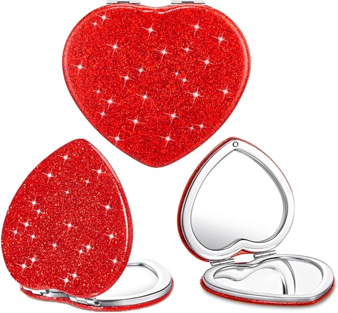 Red Heart Shaped Compact Mirror for Purse,1x/2x Magnification Cute Travel Mirror with Glitter,2.76 inch Double-Sided Mini Folding Mirror,Small Pocket Mirror for Gift,Travel Essentials