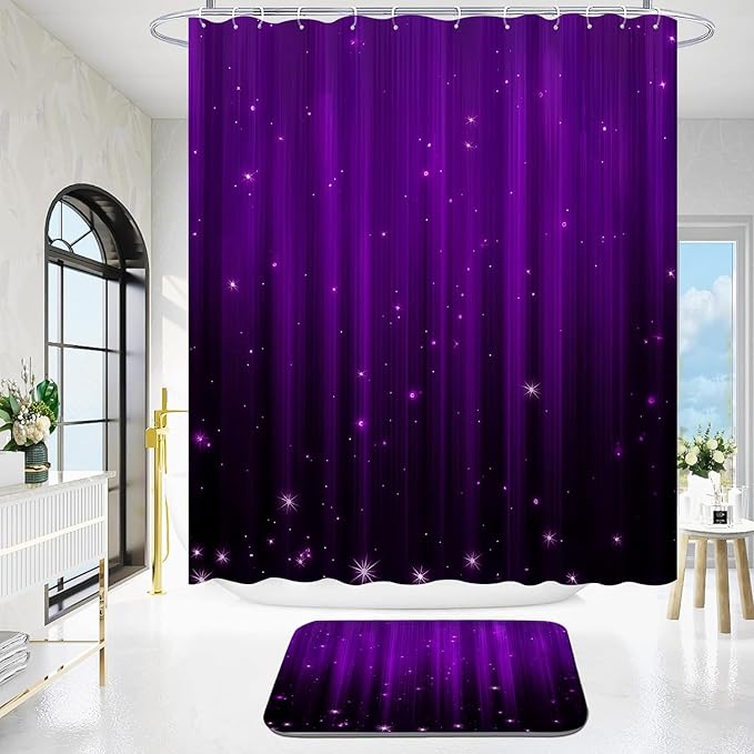 Yddsky 4 Pcs Purple and Black Shower Curtain Sets Non-Slip Rugs Bath Mat Toilet Cover, U-Shaped Mat, Gradient Shower Curtain with 12 Hooks, Black and Purple Bathroom Set