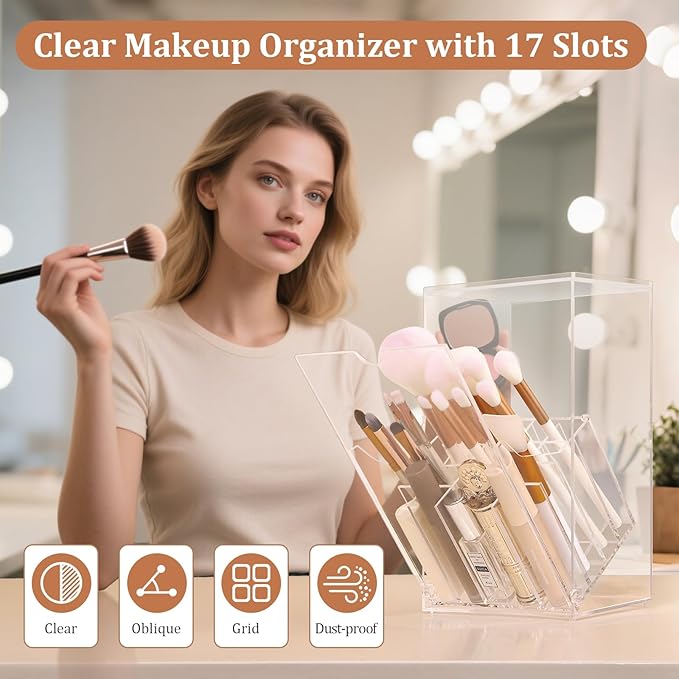 Acrylic Makeup Brush Holder with Slanted Flip-Top Lid - Clear Dustproof Cosmetic Make up Brush Organizer and Storage Box - Large Capacity 17-Slots Container for Vanity Brushes (Transparent)