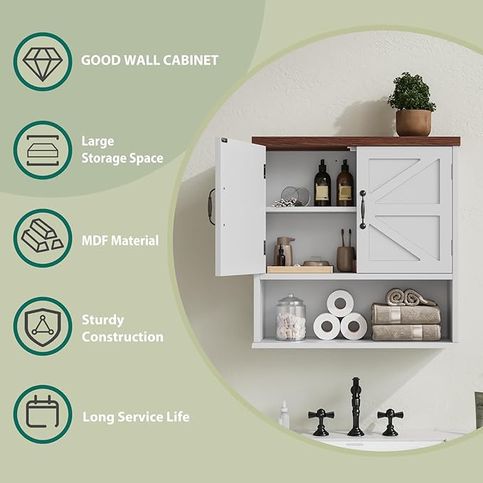Smuxee Farmhouse Bathroom Cabinet Wall Mounted, White Medicine Cabinet with Adjustable Shelf, Bathroom Cabinet for Living Room, Laundry Room