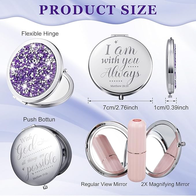 Thyle 12 Pcs Christian Compact Mirror Gifts for Women Mother's Day Nurse Week Bible Verse Wallet Mirror Bulk Hand Makeup Compact Religious Baptism for Holy Communion Teacher(Same,Purple)
