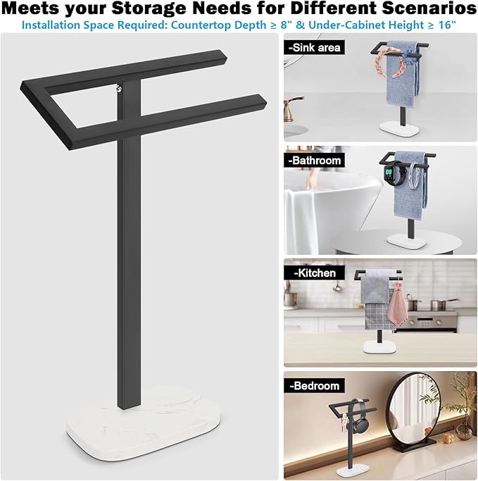 Livabber Standing Hand Towel Holder, 304 Stainless Steel Hand Towel Rack Stand with Heavy Marble Base, Bath Accessories, Towel Ring for Bathroom Kitchen Countertop, 14 Inch (Black)