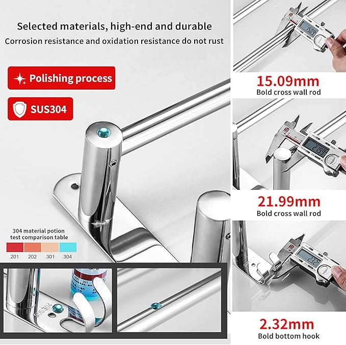 Towel Bars Retractable 20-30 Inche Stainless Steel 304 Bath Towel Rack Strong 3M Adhesive Bathroom Wall-mounting Free mounting Hole-Installing washroom Kitchen Space Saving 2-Tier Shelf Towel Rack