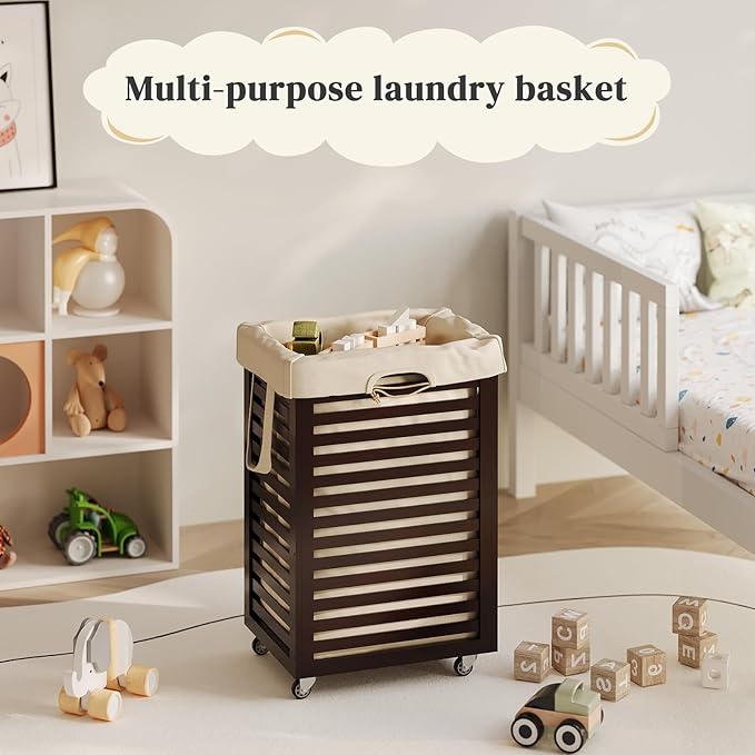 Laundry Hamper with Wheels, Laundry Basket with Liner, 85L Large bamboo Laundry Clothes Laundry Hamper, Liner with Handles, Dirty Clothes Storage Cart For Laundry Room, Dorm, Bedroom, Bathroom(Coffee)