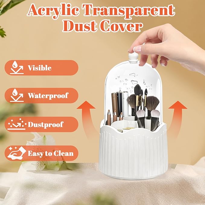 Makeup Brush Holder, 360° Rotating Makeup Organizers with Lid, Dustproof Waterproof Make Up Brush Holder Bag for Vanity Desktop Bathroom Countertop (White)