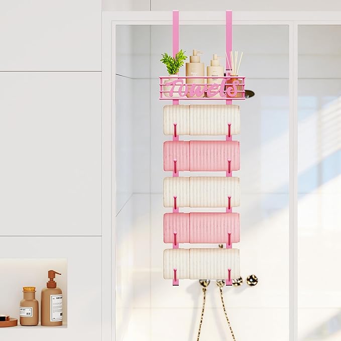 SWTYMIKI Hanging Towel Racks for Bathroom - 9 Tier Over the Door & Wall Mounted Bath Rolled Towel Storage Organizer Holder for Small Bathroom, RV, Camper (Pink, 6-Tier)