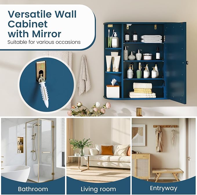 COSTWAY Medicine Cabinet with Mirror, Wall Mounted Bathroom Storage Cabinet with Mirror Door and Adjustable Shelves, Space-Saving Storage Organizer for Living Room Kitchen Entryway (Blue)