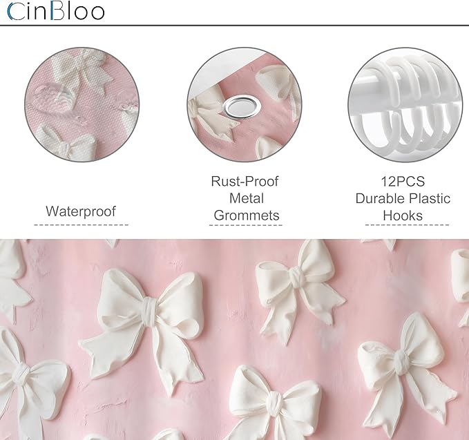 Cinbloo 4Pcs Pink White Bow Shower Curtain Set, Vintage Bowknot Oil Painting Bathroom Curtain with Rug, Toilet Lid Cover, Bath Mat, Girly Fashion Pretty Sweet Modern Shower Curtain with 12 Hooks