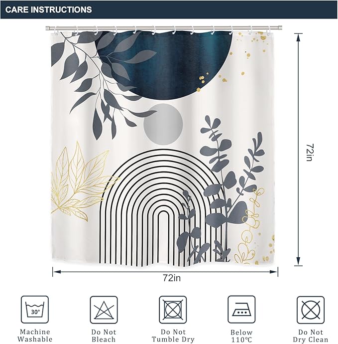 Riyidecor Mid Century Boho 4Pcs Shower Curtain Set with Toilet Lid Cover and Non-Slip Rugs,Modern Minimalist Navy Blue Bathroom Decor Set，Abstract Contour and Bath Mat with 12 Hooks