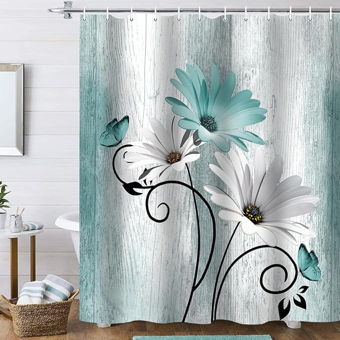 Onalasyc 4PCS Teal Daisy Country Farmhouse Shower Curtain Set with Shower Curtain and Carpet and Accessories, Waterproof Bathroom Shower Curtain Decorative Set with 12 pcs Hooks,71 x 71in