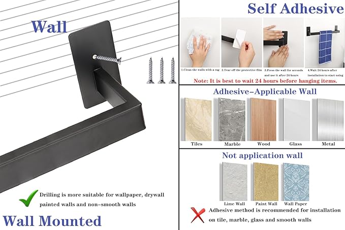 5 Pieces Self Adhesive Bathroom Hardware Set-SUS304 Stainless Steel-Towel Rack Set Include 24″Towel Bar+Toilet Paper Holder+3 Towel/Robe Hooks Bathroom Accessory Towel Bar Set (Black, 24 in)