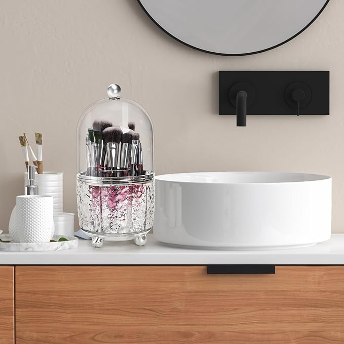 Eorbow Rotating Makeup Brush Holder, Dustproof Cosmetic Tools Organizer with Lid, 360?? Spinning Covered Brushes Storage with Anti-slip Pads for Vanity, Bathroom Countertop & Bedside Table, Clear