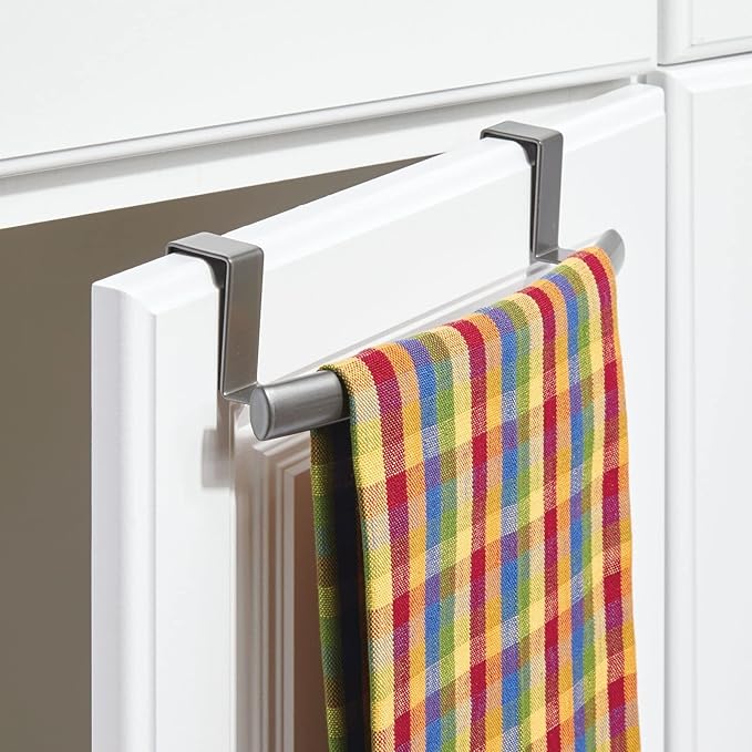 mDesign Steel Over Door Curved Towel Bar Storage, Hanger for Cabinet or Cupboard, Holder Rack for Kitchen, Bathroom - Holds Hand/Dish Towels, Washcloths - Spira Collection - 2 Pack - Graphite Gray