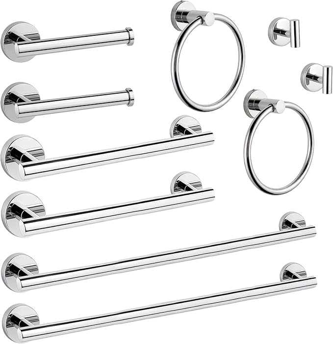 10 Piece Brushed Chrome Bathroom Hardware Set, Towel bar Set Include 24 inch Silver Towel bar, Bathroom Towel Rack, Towel Ring, Toilet Paper Holder, Towel Hook, Bathroom Accessories Set