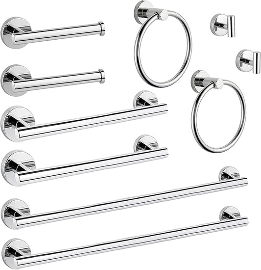 10 Piece Brushed Chrome Bathroom Hardware Set, Towel bar Set Include 24 inch Silver Towel bar, Bathroom Towel Rack, Towel Ring, Toilet Paper Holder, Towel Hook, Bathroom Accessories Set