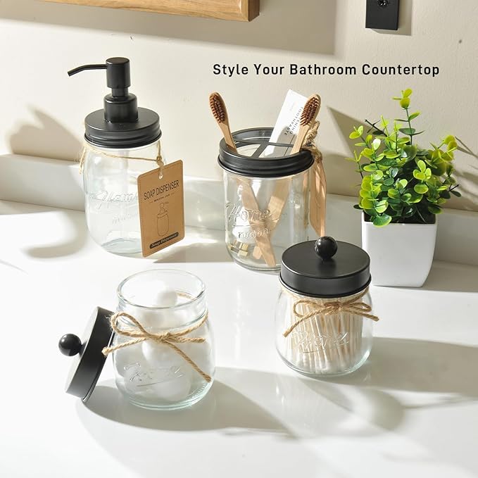 SheeChung Mason Jar Bathroom Accessories Set with Floating Shelves, Soap Dispenser, Toothbrush Holder, Qtip Holders, Paper Storage, Artificial Plant, Decor Sign, Farmhouse Bathroom Decor-Rustic Brown