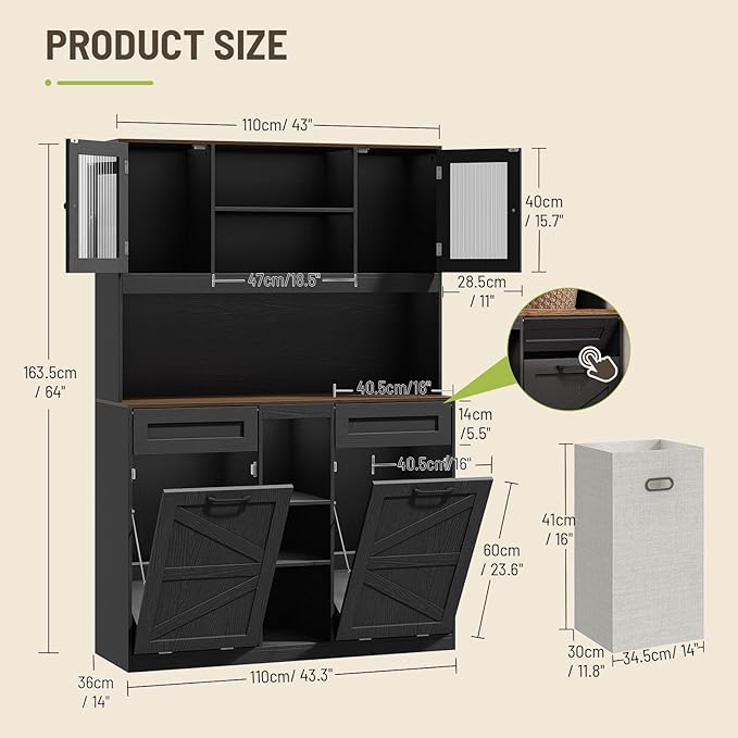 Tall Tilt-Out Double Laundry Hamper Cabinet with 2x11-Gallon Laundry Basket, Trash Bin Cabinet with Fluted Glass Doors, Farmhouse Wooden Bathroom Storage with Push Doors, Black and Walnut