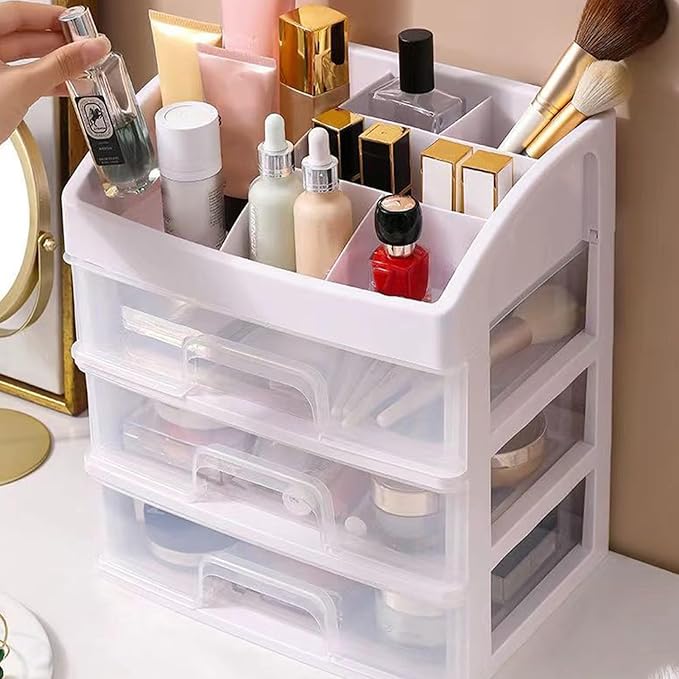 GOTOTOP 3 Tier Drawer Makeup Storage Box, Clear Plastic Cosmetic Organizer, Stationery Storage with Jewelry Drawer, Drawers