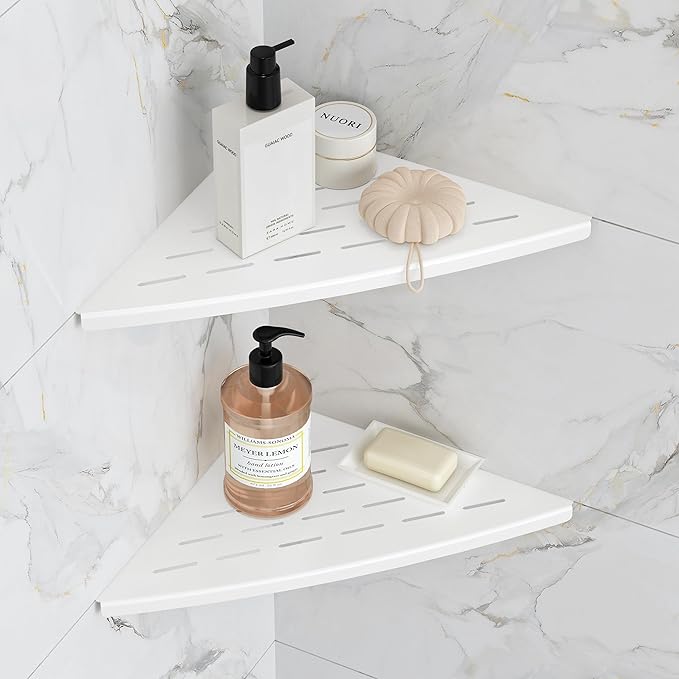 Qeke Corner Shower Shelf Matte White, 304 Stainless Steel 11.5” Recessed Corner Shelf Bathroom for Tiled Wall, Floating Shower Shelves Shampoo Holder, No Drilling, 2 Pack
