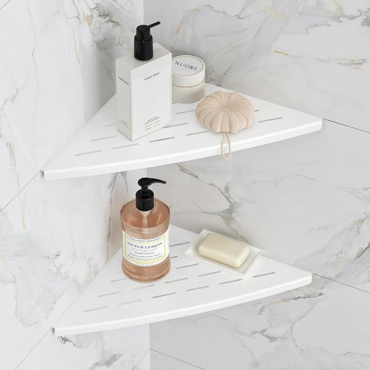 Qeke Corner Shower Shelf Matte White, 304 Stainless Steel 11.5” Recessed Corner Shelf Bathroom for Tiled Wall, Floating Shower Shelves Shampoo Holder, No Drilling, 2 Pack