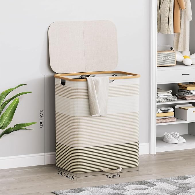 XLHOMO Double Laundry Hamper with Lid and Removable Bags, 150L Large Collapsible 2 Dividers Dirty Clothes Basket with Handles, Beige Double Laundry Basket Organizer for Bedroom,Laundry Room,College