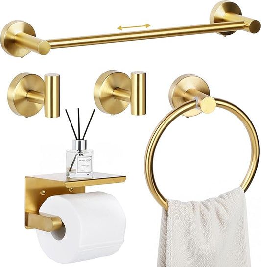 5 Pieces Gold Bathroom Accessories Set - 25.6 inch Towel Bar, Toilet Paper Holder, Towel Rack and Coat Hook, SUS304 Stainless Steel Bathroom Hardware Set, Wall Mounted Bathroom Decor and Accessories
