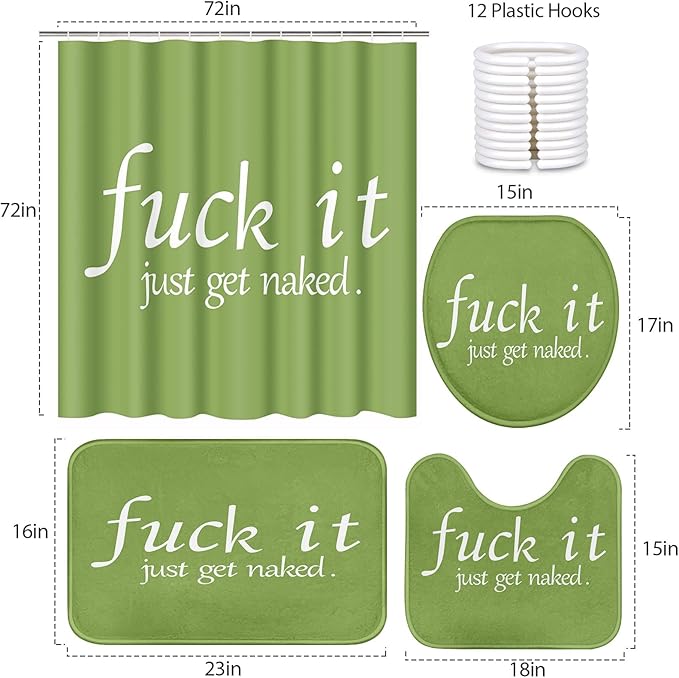 ArtSocket 4PC Green Funny Get Naked Shower Curtain Sets Bathroom Decor with Rugs, Non-Slip Rug,Toilet Lid Cover, Bath Mat and 12 Hooks 72x72 inches