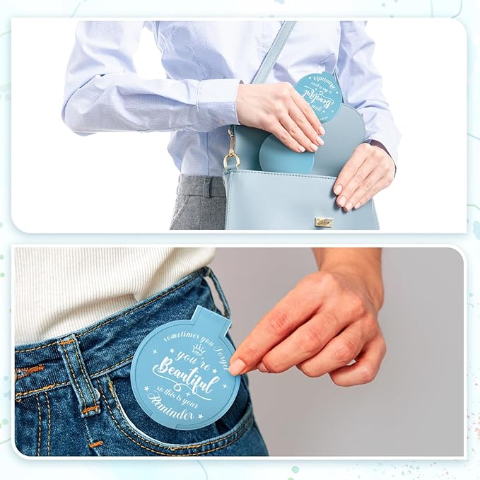 36 Pcs 2.76 Inch Inspirational Compact Mirror Bulk Women Small Gifts Graduation Party Favors Purse Mirror Pocket Mini Stuffer Items for Adult Coworker Cheerleader Employee (Light Blue)