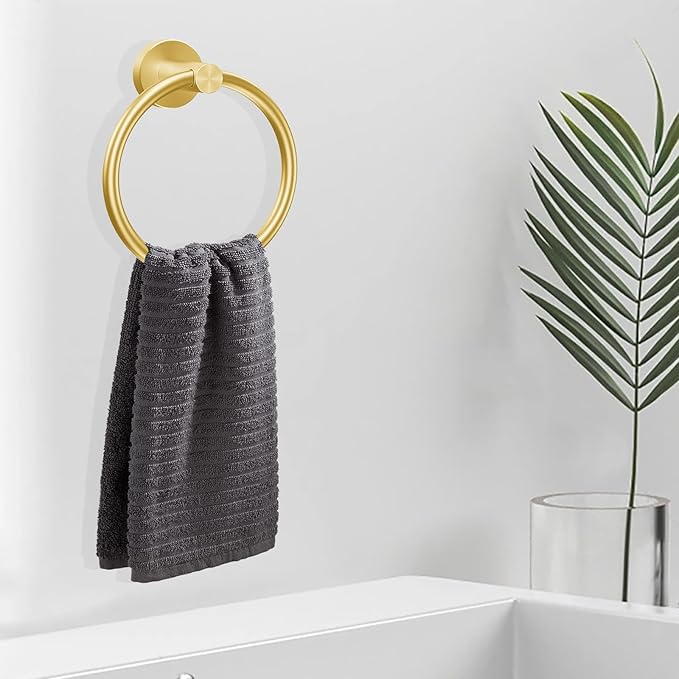 WOOPHEN Hand Towel Ring, Thicken Stainless Steel Bath Towel Holder Modern Round Towel Hanger Wall Mounted for Bathroom, Kitchen (Gold)
