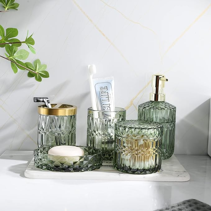 LaMarriti Green Bathroom Accessories Set, 5Pcs Clear Glass Bathroom Set Accessories, Soap Dispenser, Soap Dish, Toothbrush Holder Set, Tumbler, Qtips Holder for Vintage Crystal Bath Decor