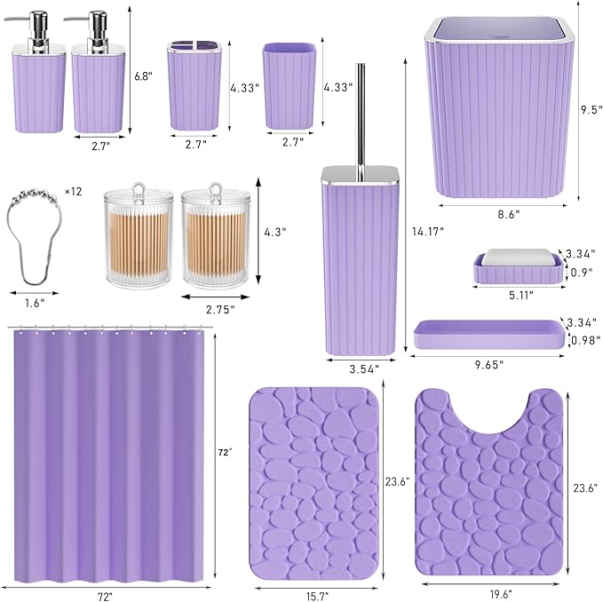 XLHOMO Bathroom Accessories Set - 25PC Bathroom Sets with Shower Curtain and Rugs, Purple Bathroom Accessories with Trash Can, Soap Dispenser, Soap Dish & Toilet Brush