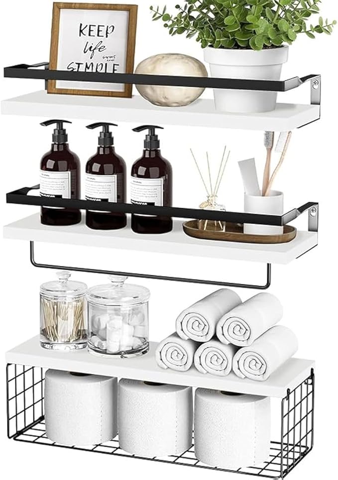 Generic Wooden Floating Shelves for Bathroom Organizer Over Toilet Wall Shelf Bathroom Organizer with Metal Frame Bathroom Shelf with Basket Storage Rack (White)
