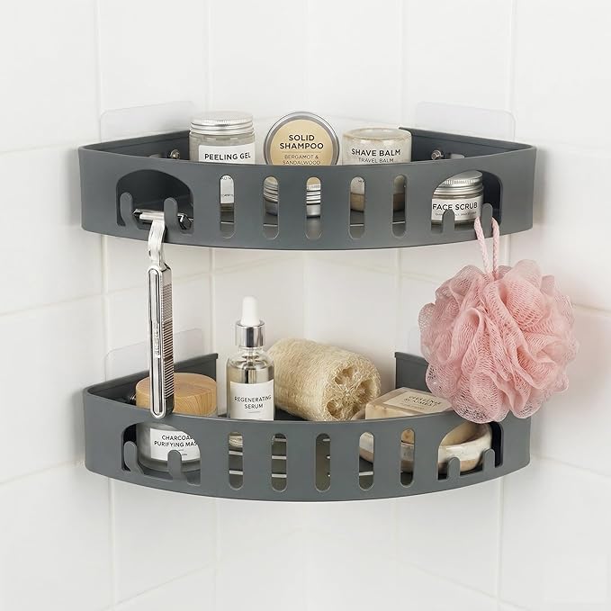 Adhesive Corner Shower Shelf No Drill | Rust-Proof Aluminum Alloy Stick On Bathroom Organizer with Shaving Holder for Shampoo, Conditioner, Soap, Razors Grey 2 Pack