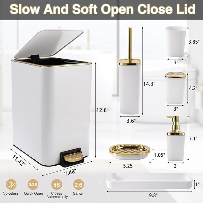 XLHOMO White Bathroom Accessories Set 8 Piece White and Gold Bathroom Set, Bathroom Sets with Stainless Steel Trash Can,Toilet Brush,Toothbrush Set,Soap Dispenser