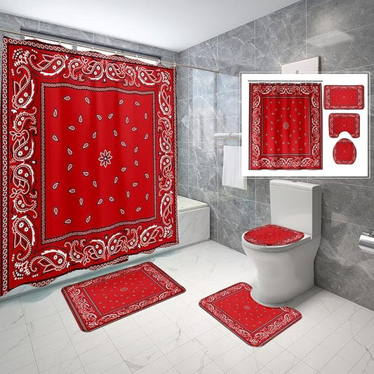 4 Piece Abstract Paisley Shower Curtain Waterproof Red Bandana Elegant Ethnic Tribal Bathroom Sets with Non-Slip Rugs, Toilet Lid Cover and Bath Mat with Standard Size