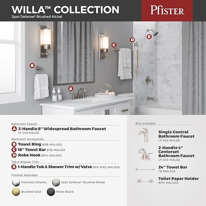 Pfister Willa Bath Towel Bar for Bathroom, 18-Inch, Wall-Mounted, Screw-in, Brushed Nickel Finish, BTBWLL1K