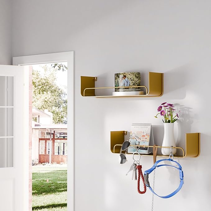 2 Pack Gold Shower Caddy, Metal Floating Gold Bathroom Shelf with Guardrail, U-Shaped Wall Mounted Shelves for Kitchen, Living Room, Bedroom, Home Storage and Organizer