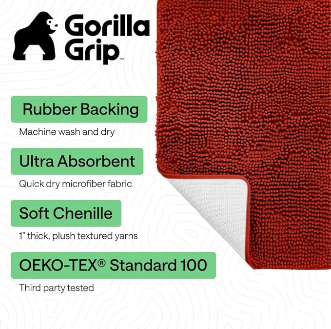 GORILLA GRIP Bath Rug Mat 60x24, Thick Soft Absorbent Chenille, Quick Dry Microfiber Mats, Rubber Backing, Machine Washable Shower Floor Rugs, Bathmat Runner, Bathroom Decor Accessories Sunset Orange