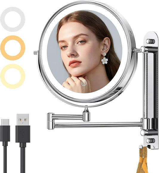 Gospire 9” Wall Mounted Makeup Mirror with Magnification 10X, 7in Height Adjustable Vanity Lighted Mirrors for Bathroom Wall, 360° Extended Arm Shaving Wall Mirror with Lights - Chrome