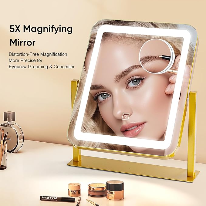 Vanity Mirror with LED Lights, 14.8x12.6 Inch Makeup Mirror, 3-Color Dimmable Touch Screen, 5X Magnification, 360° Rotation, Gold Tabletop Mirror for Bedroom Vanity