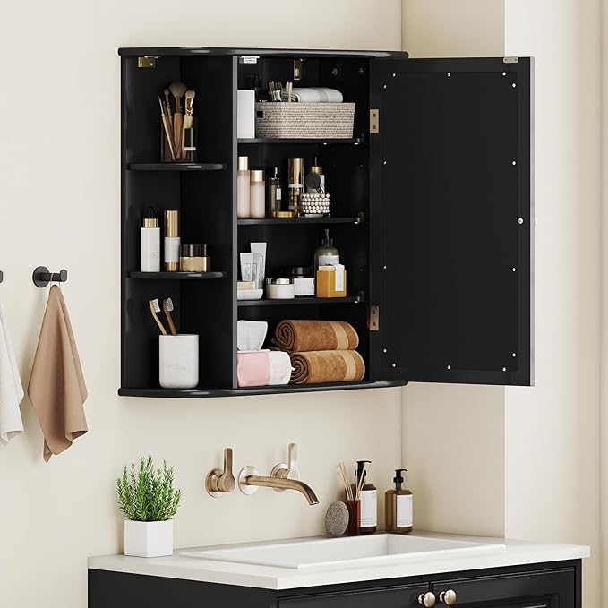 Giantex Bathroom Mirror Cabinet, Wall Mounted Medicine Cabinet with Mirrored Door & 4 Interior Shelves, 6 Open Shelves, Mounting Hardware, Space-Saving Storage Cabinet (Black)