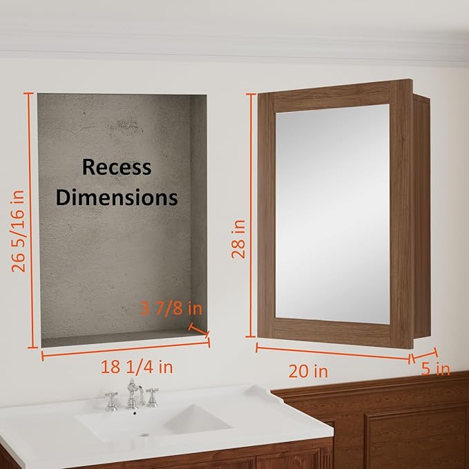 Buruis 20 x 28 Inch Walnut Grain Medicine Cabinet with Mirror, Recessed or Wall-Mounted Wood Storage Cabinet for Bathroom, Adjustable Shelves, Soft-Close Hinges, Rectangle
