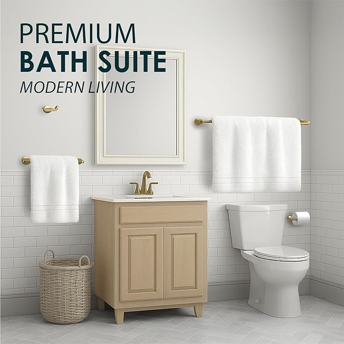 Mega Handles Bathroom Towel Holder Set - 4 Pieces Bathroom Accessories Sets - Heavy Duty Bathroom Accessory Set, 25'' Towel Bar, Robe Hooks & Toilet Paper Holder Wall Mounted - Satin Brass Bath Suite