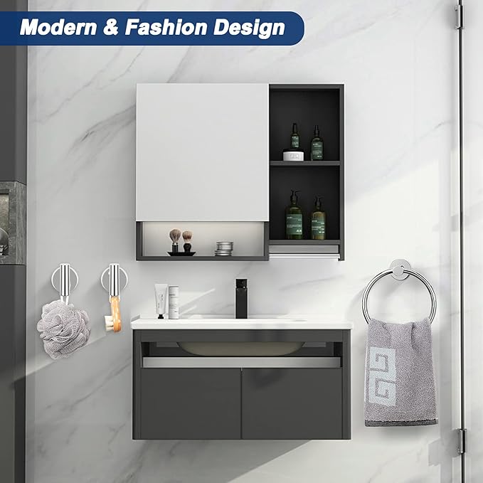 NearMoon 3 Pieces Bathroom Hardware Set, Bath Towel Ring and 2 Towel Hooks- Stainless Steel Hand Towel Hanger and Robe Hooks Accessories, Wall Mounted (Chrome Finish)